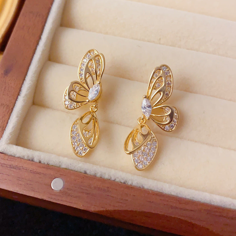 Elegant Full-Zircon Hollow Butterfly Drop Earrings – Minimalist Design