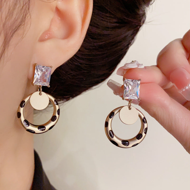 14K Gold-Plated Sq Zircon Drop Matte Circle Earrings - Elegant & Retro