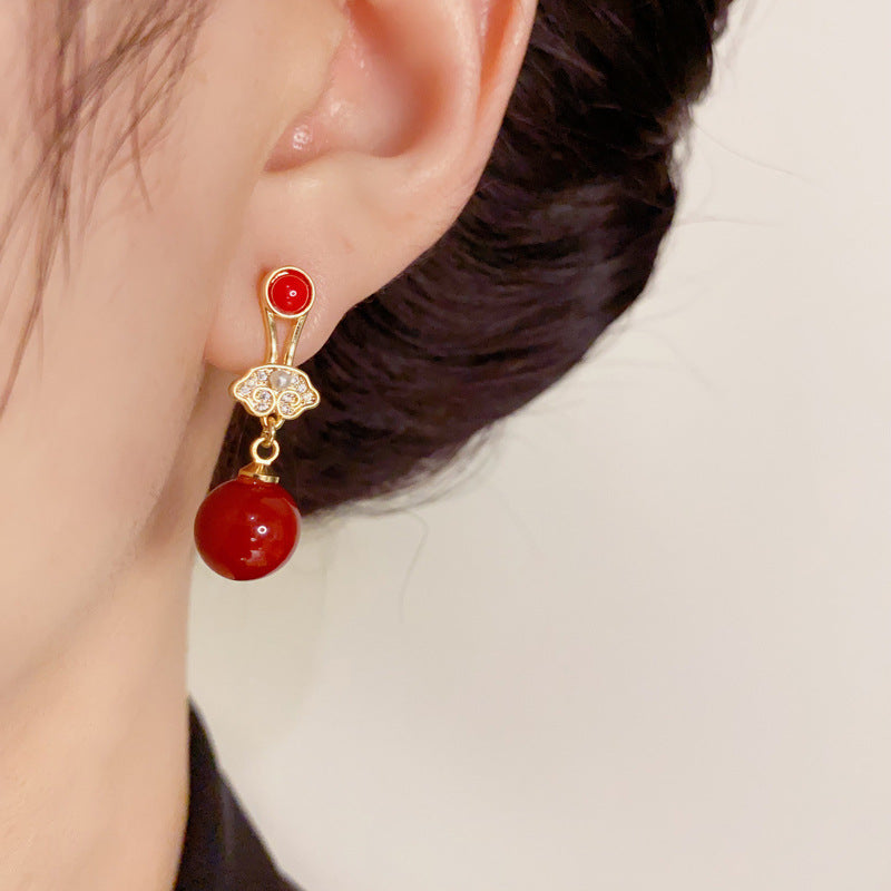 14K Gold-Plated Zircon Red Pearl Lucky Lock Earrings-Minimalist Design