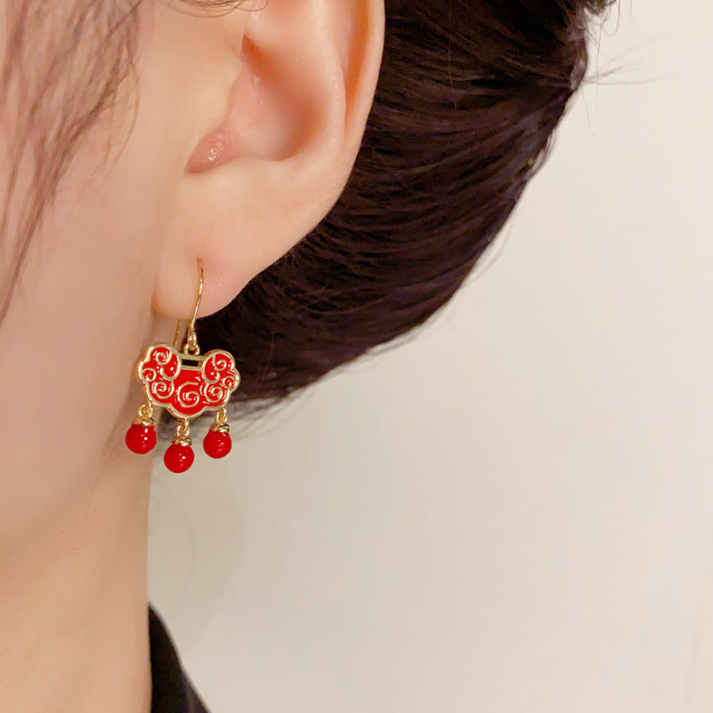 14K Gold-Plated Red Peace Lock Tassel Earrings - Festive Design