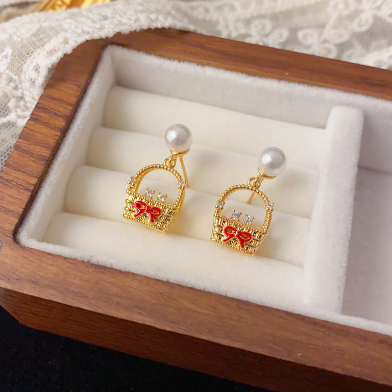 Luxury Pearl & Zircon Woven Basket Drop Earrings – Minimalist Design