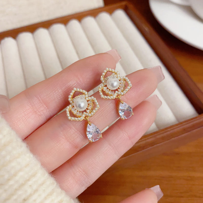 Elegant Zircon Pearl Petal Teardrop Drop Earrings – Floral Design