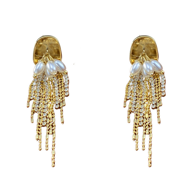 Luxury Metal Pearl Full-Zircon Tassel Drop Earrings – Elegant Design