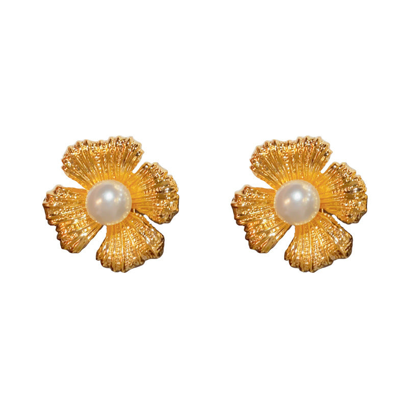 18K Gold Plated Pearl Flower Stud Earrings - Vintage Minimalist Design