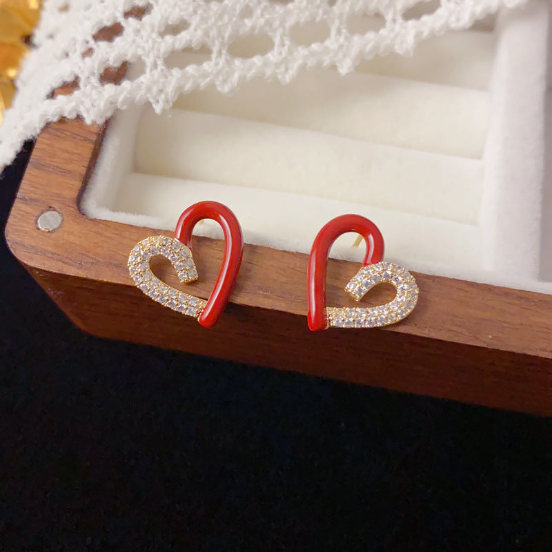 Luxury Zircon Spliced Red Heart Stud Earrings – French Design