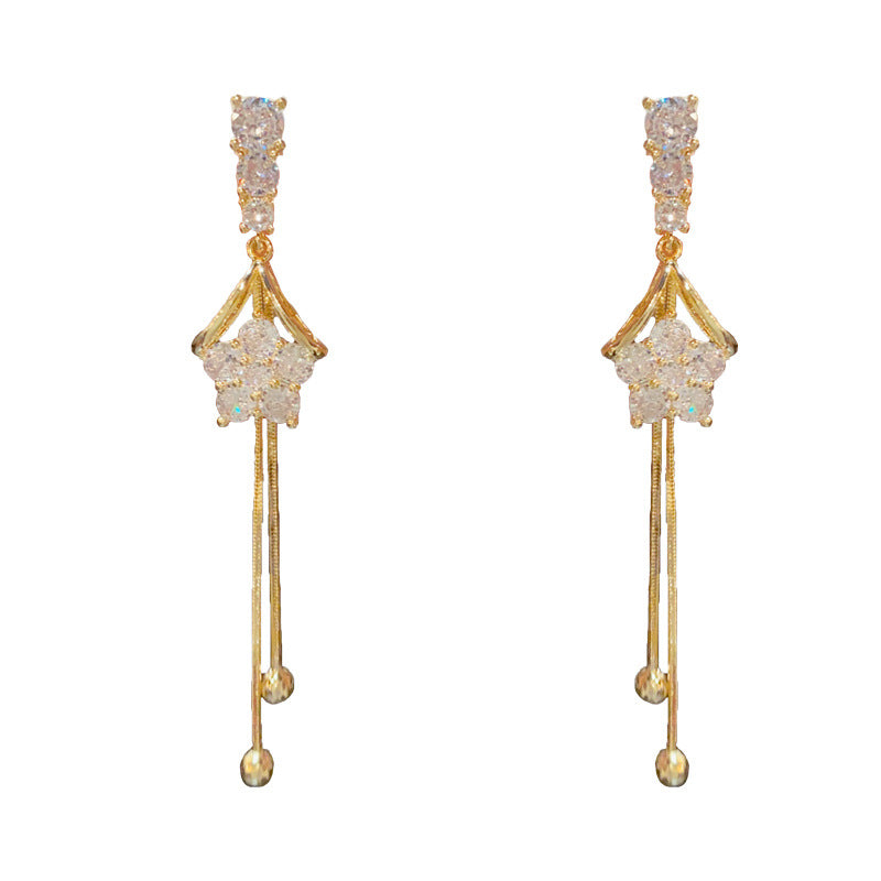 14K Gold-Plated Zircon Star Long Tassel Earrings - Elegant Design