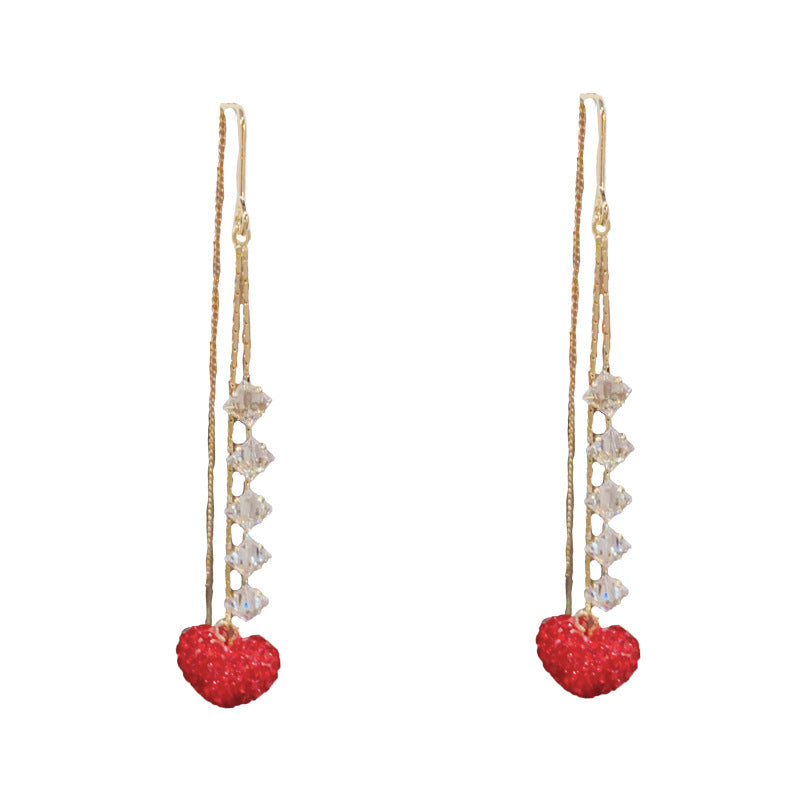 14K Gold-Plated Red Heart Long Tassel Earrings - Minimalist Elegance