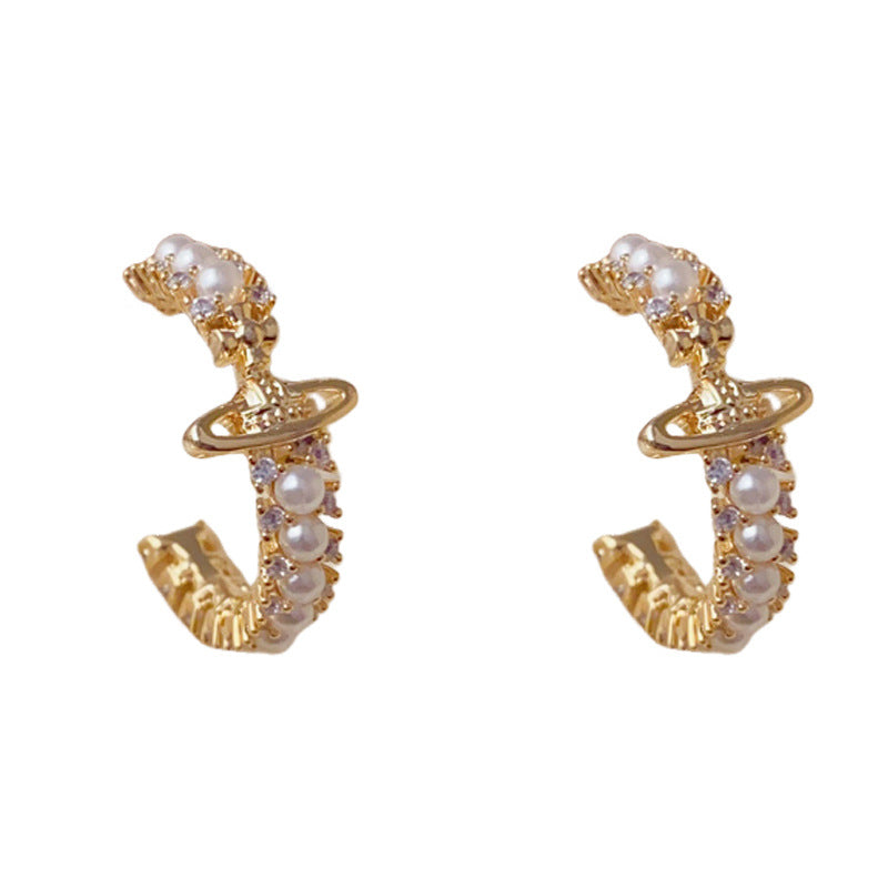 Elegant Full-Zircon Planet Pearl C-Hoop Earrings – Cosmic Design