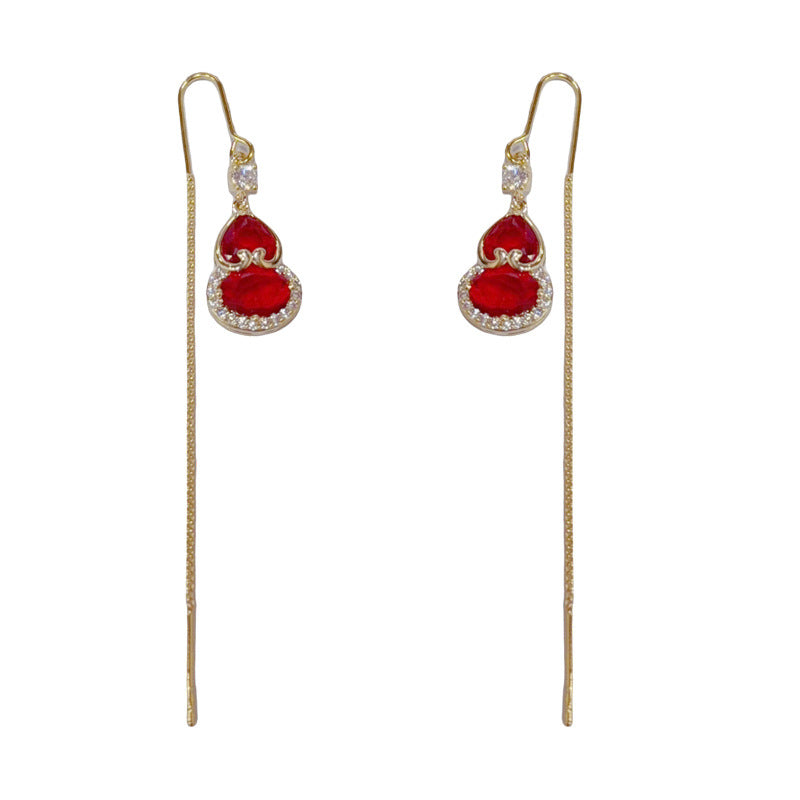 Elegant Red Zircon Gourd Long Threader Earrings – Auspicious Design