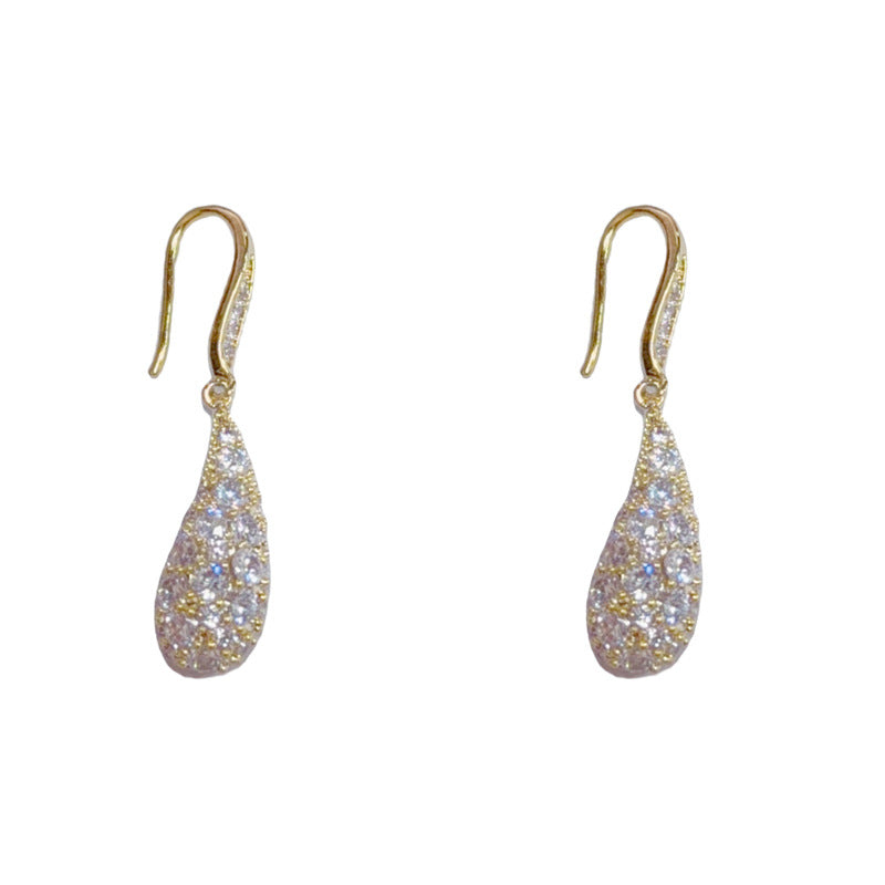 Elegant Full-Zircon Teardrop Ear Hooks – Minimalist Long Drop Design