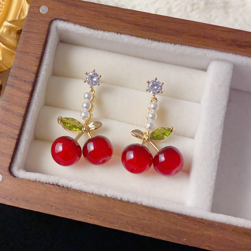 Elegant Red Cherry Pearl Drop Earrings – Sweet Fruit Design