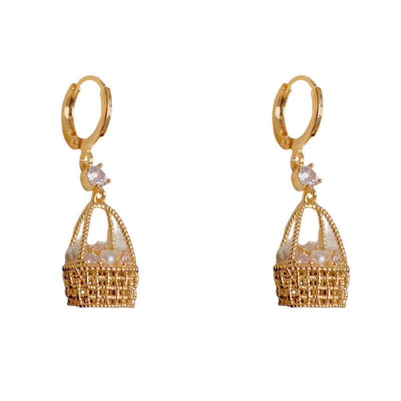 Luxury Woven Basket Zircon & Pearl Drop Earrings – Elegant Design