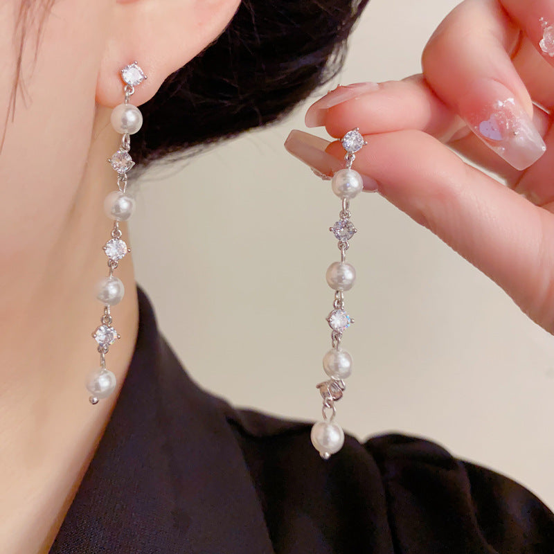 Eaioncol Geometric Long Tassel Pearl CZ Earrings Gold