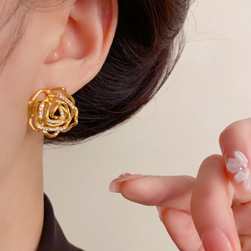 Luxury Zircon Hollow Metal Petal Stud Earrings – Floral Design