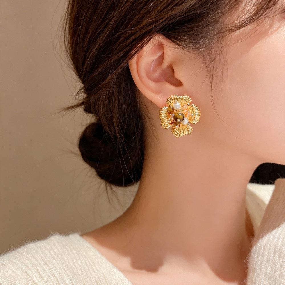 Eaioncol Tiger Eye Glass Floral Hoop Earrings Gold Silver