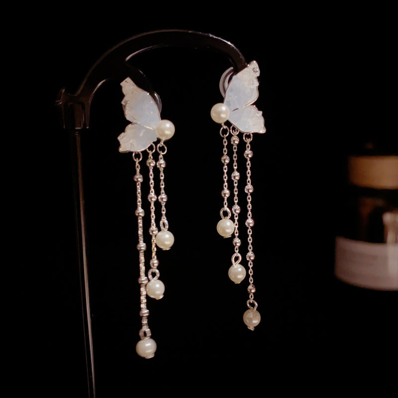 Blue Crystal Butterfly & Pearl Tassel Drop Earrings – Elegant Design