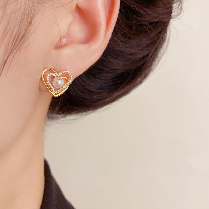 Luxury Zircon Double-Layer Heart Pearl Stud Earrings – Elegant Design