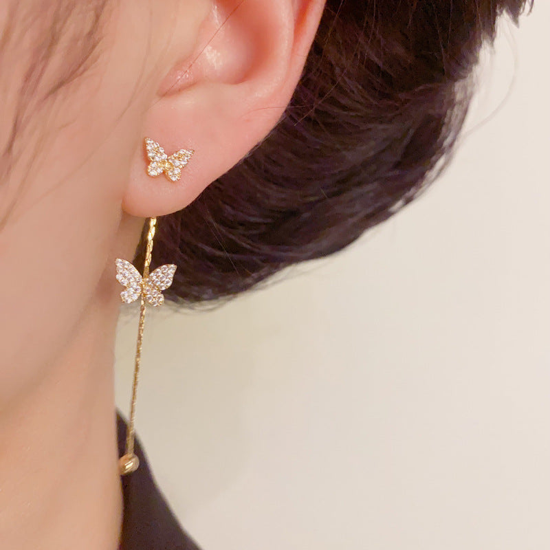 Luxury Butterfly Front-Back Tassel Drop Earrings – S925 Silver Needle