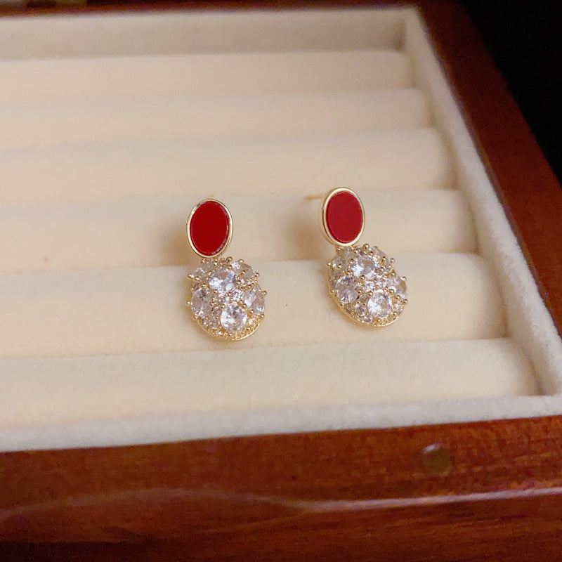 14K Gold-Plated Red Full Zircon Oval Drop Earrings - Elegant Sparkle