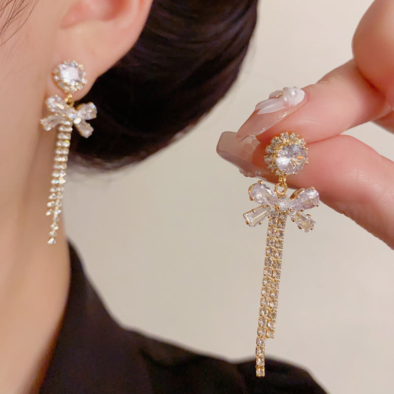 Luxury Full-Zircon Bow Tassel Drop Earrings – Elegant Design