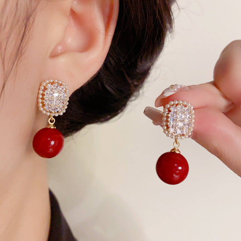 14K Gold-Plated Square Zircon Angora Red Pearl Earrings - Chic & Versatile Jewelry