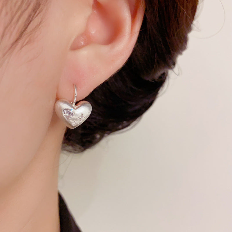 S925 Silver Heart Earrings - Stylish Minimalist Brushed Metal Hoops