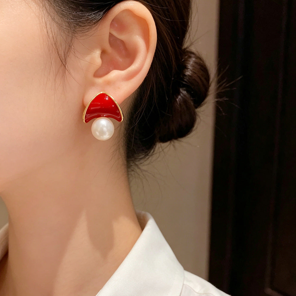 Eaioncol Red Triangle Pearl Earrings 14K Gold Plated