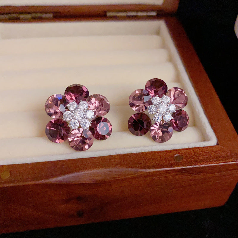 14K Gold-Plated Purple Zircon Flower Stud Earrings - Elegant Luxury