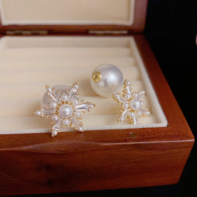 14K Gold-Plated Pearl & Zircon Snowflake Front&Back Earrings -Elegance