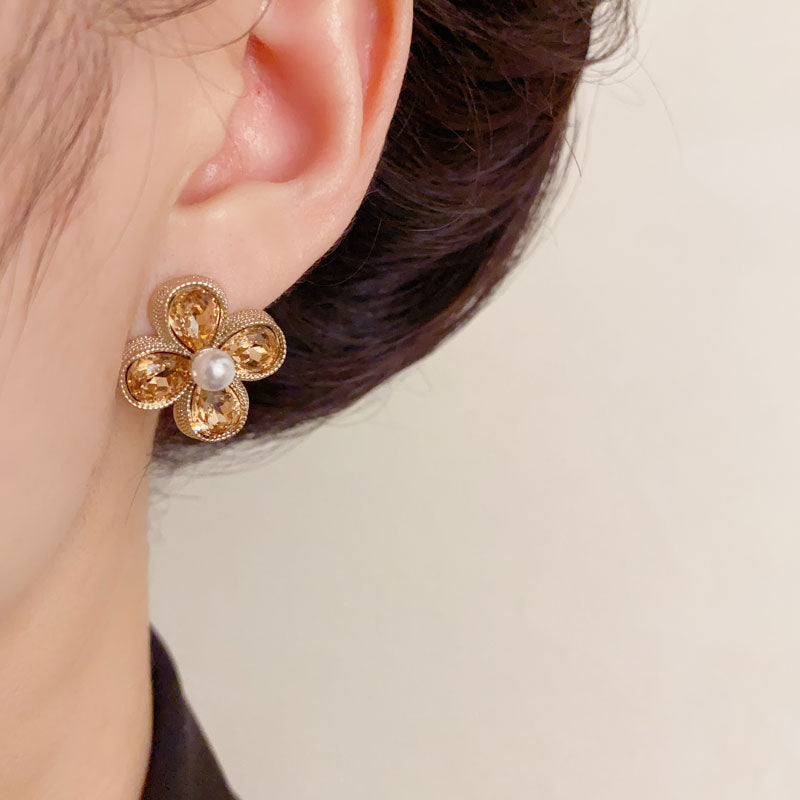Luxury Coffee Zircon Pearl Petal Stud Earrings – Floral Design