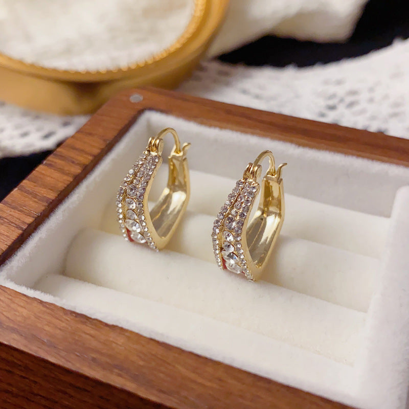 Elegant Full-Zircon Red Double-Sided Hoop Earrings – Geometric Design
