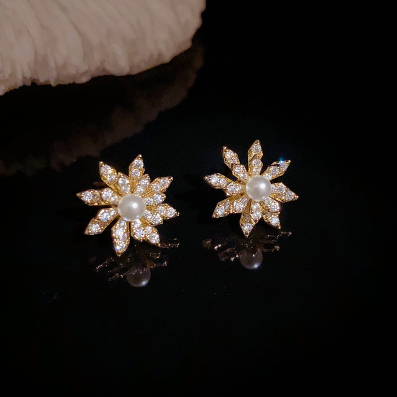 14K Gold-Plated Zircon Rotating Snowflake Earrings - Floral Design