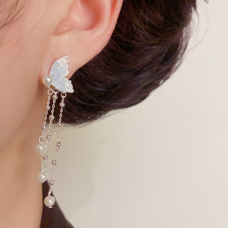 Blue Crystal Butterfly & Pearl Tassel Drop Earrings – Elegant Design