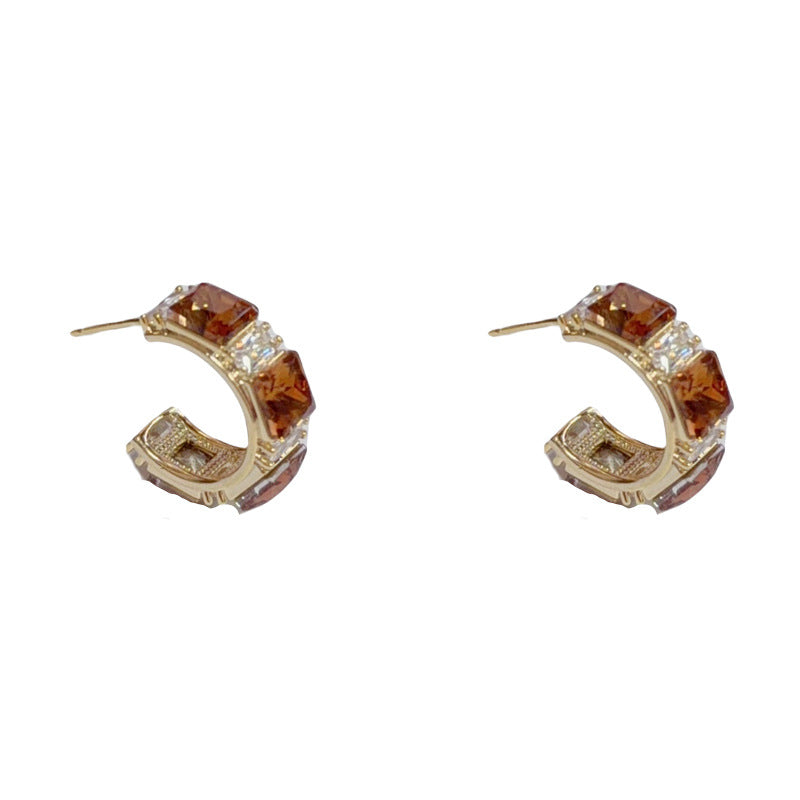 Elegant Zircon Coffee Square Hoop Earrings – Meilard Geometric Design