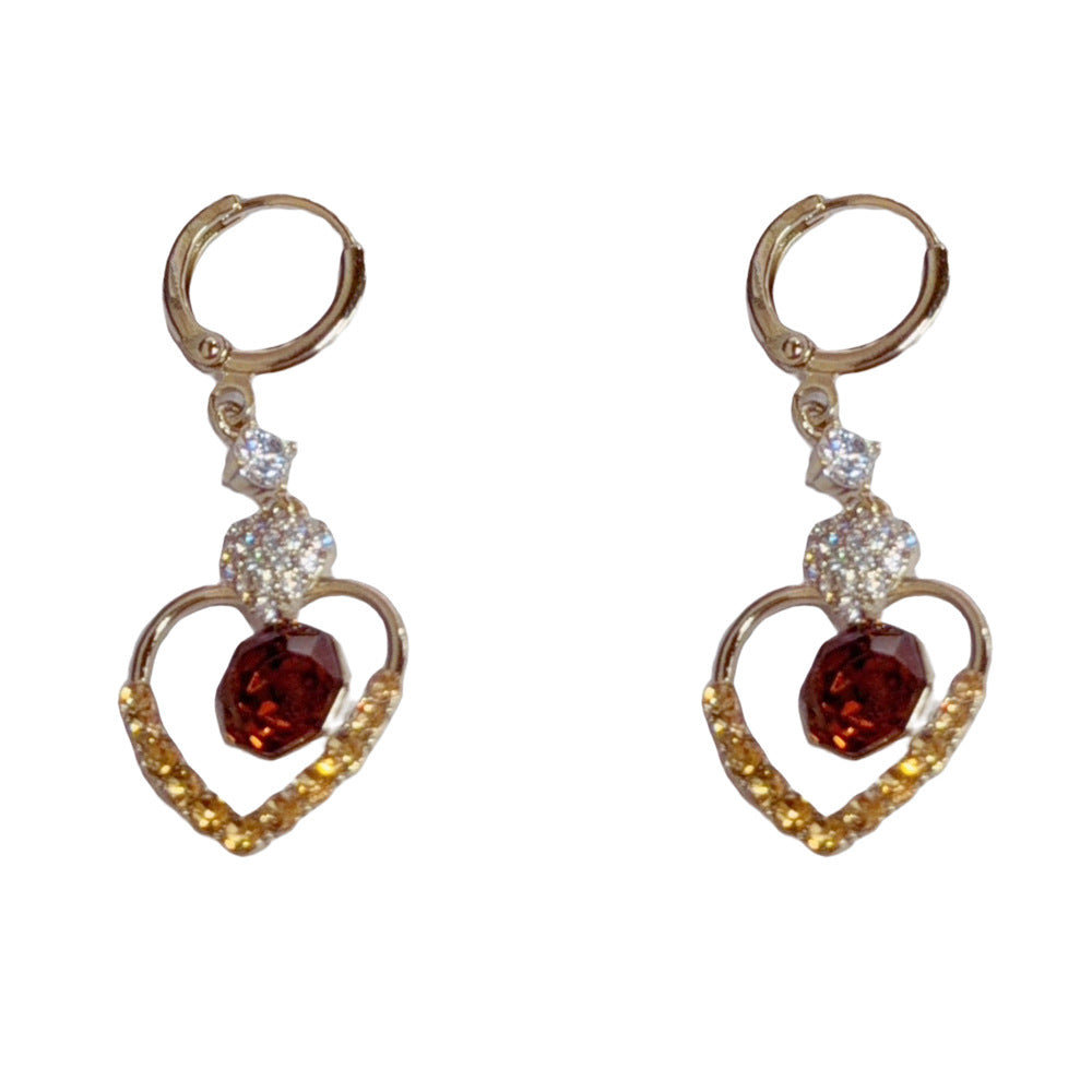 Eaioncol Coffee Gold Heart CZ Tassel Hoop Earrings