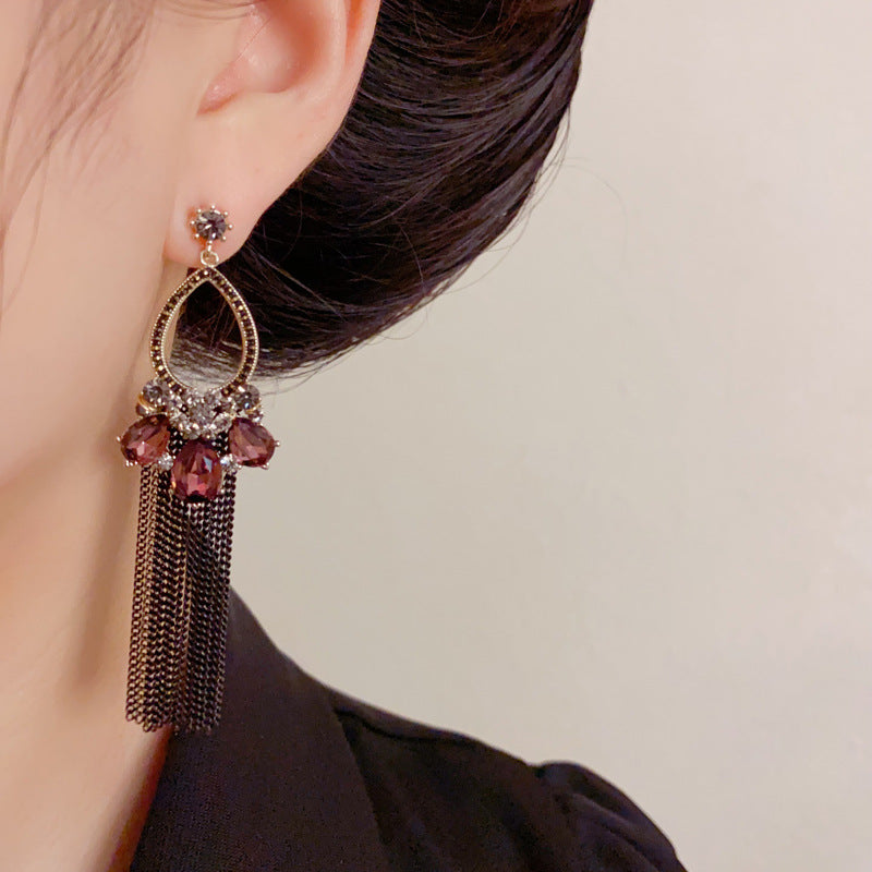 Luxury Coffee Zircon Teardrop Tassel Drop Earrings – Elegant Design