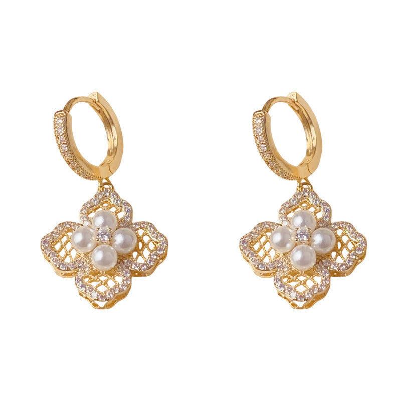 Elegant Zircon Hollow Pearl Petal Earrings – French Floral Design