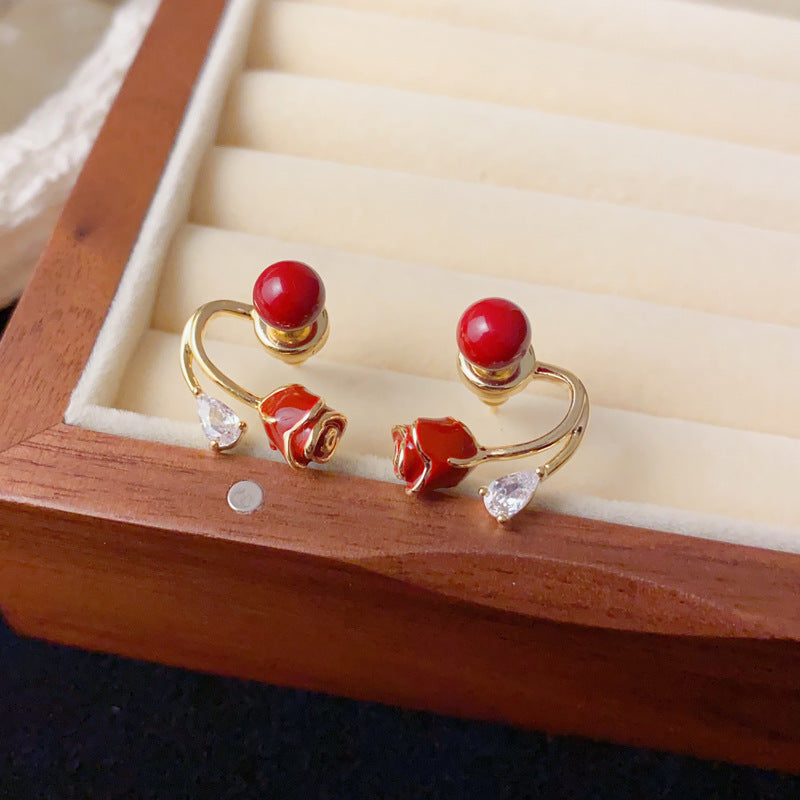 Elegant Red Rose Two-Way Stud Earrings – Floral Design