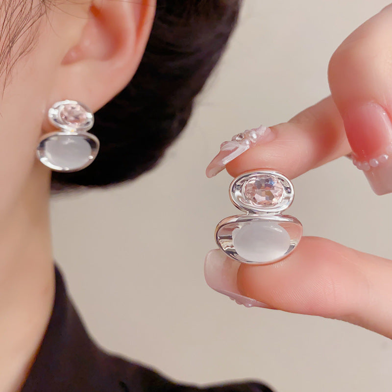 Eaioncol Metal Cat Eye Oval Stud Earrings Gold Silver