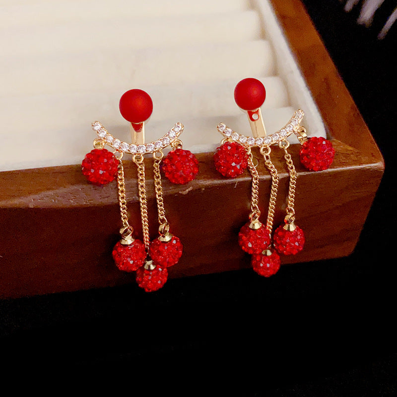 14K Gold-Plated Red Diamond Tassel Earrings - Front and Back Wear