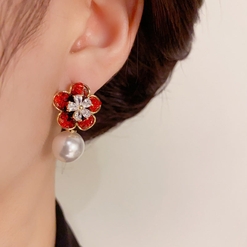 14K Gold-Plated Crystal Red Flower Pearl Earrings-Elegant&Handcrafted