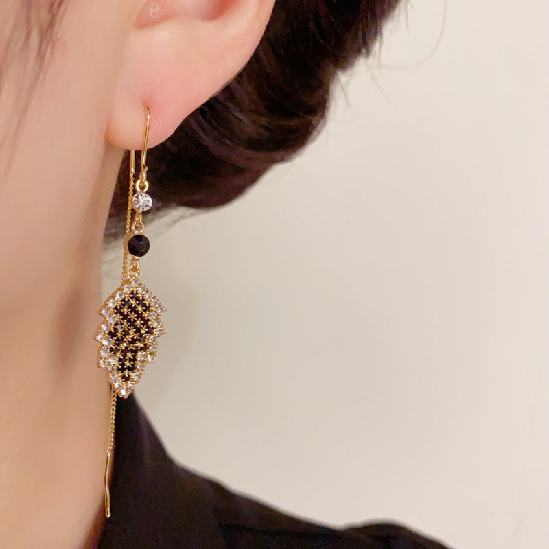 14K Gold-Plated Full-Diamond Leaf Tassel Earrings -Vintage Chic Design