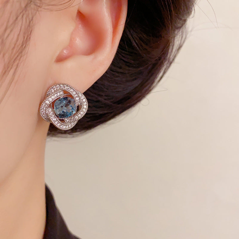 Luxury Zircon Halo Blue Diamond Stud Earrings – French Elegant Design