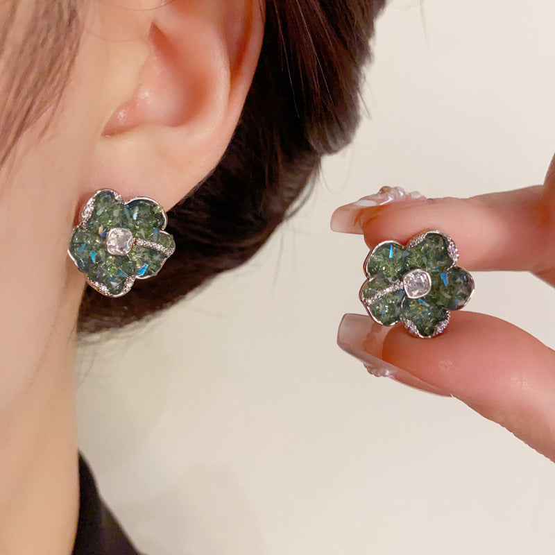 14K Gold-Plated Crystal Green Petal Stud Earrings -Floral Design