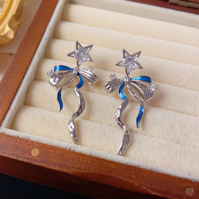 Elegant Zircon Star Bow Ribbon Tassel Drop Earrings – French Design
