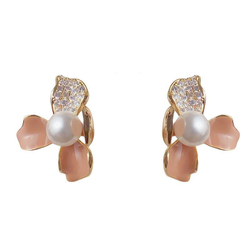 Elegant Zircon Enamel Pearl Petal Stud Earrings – Floral Design