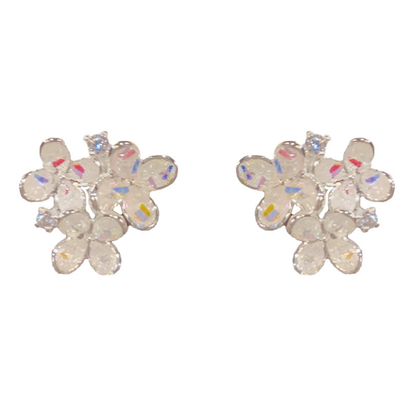 Eaioncol Floral Crystal Petal Stud Earrings Silver