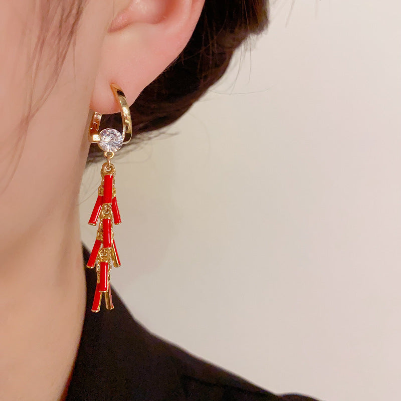 14K Gold-Plated Red Firecracker Earrings - Festive New Year Design