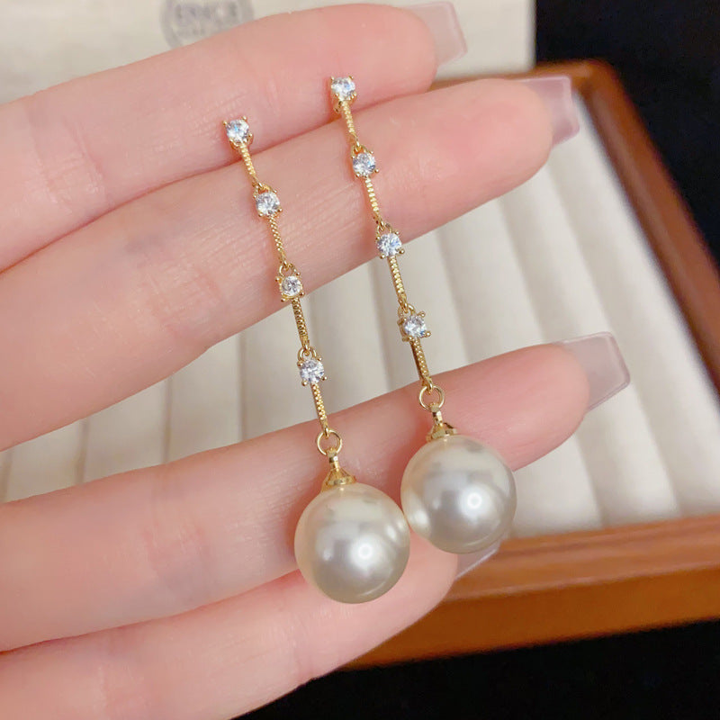 Elegant Zircon Pearl Tassel Earrings – French Ultra-Feminine Design