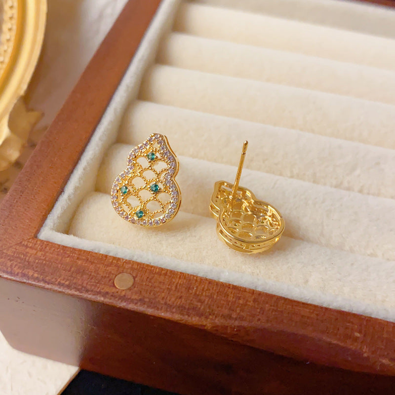 Elegant Full-Zircon Hollow Gourd Stud Earrings – Auspicious Design